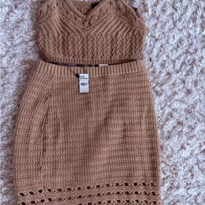 Express Crochet Hem Knit Pencil Skirt in Camel/Tan